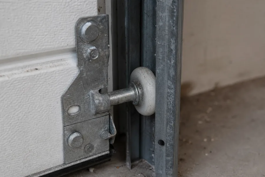 Hinges and roller along a panel seam of a garage door in Renton, WA